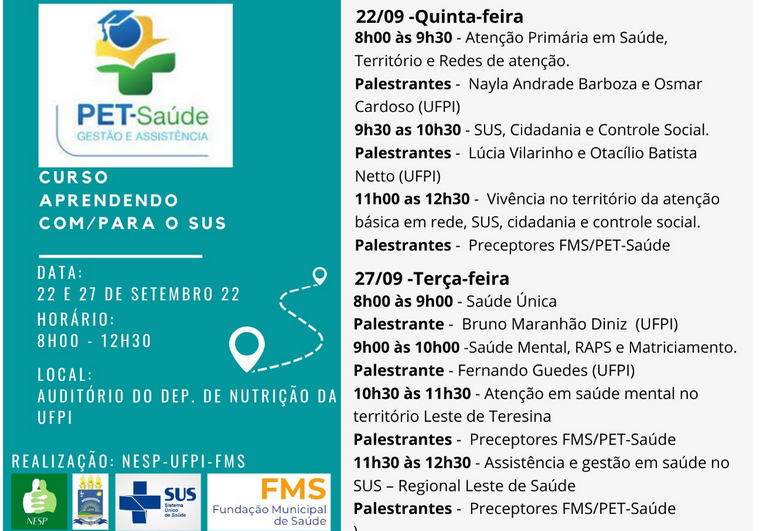 PET Saúde do Piauí promove nos dias 22 e 27 de setembro o curso “Aprendendo com/para o SUS”